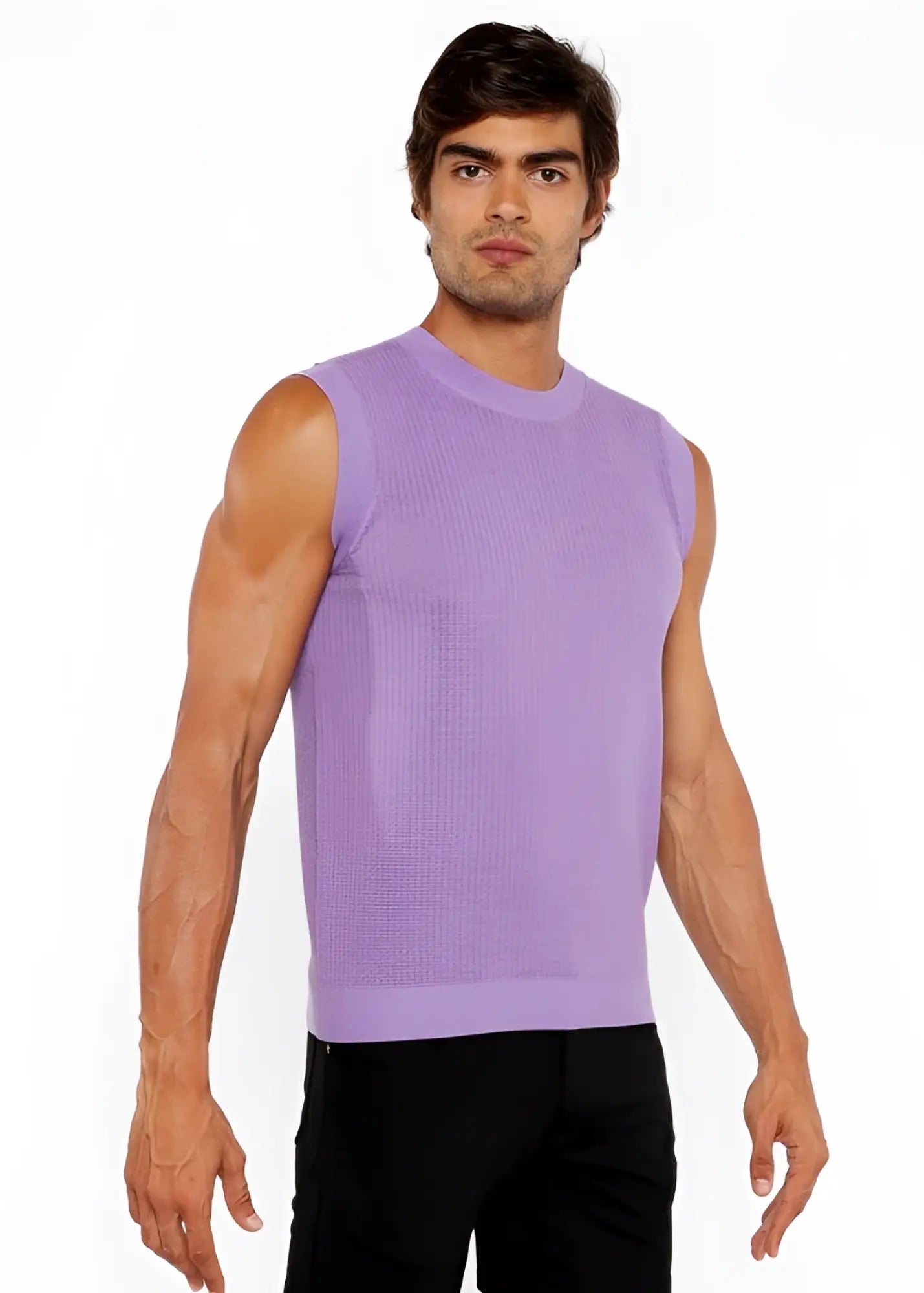 A lavender-colored ribbed-knit sleeveless textured open knit vest with a crew neckline for layering