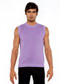 A lavender ribbed knit sleeveless top with a round neckline in a textured open knit vest style