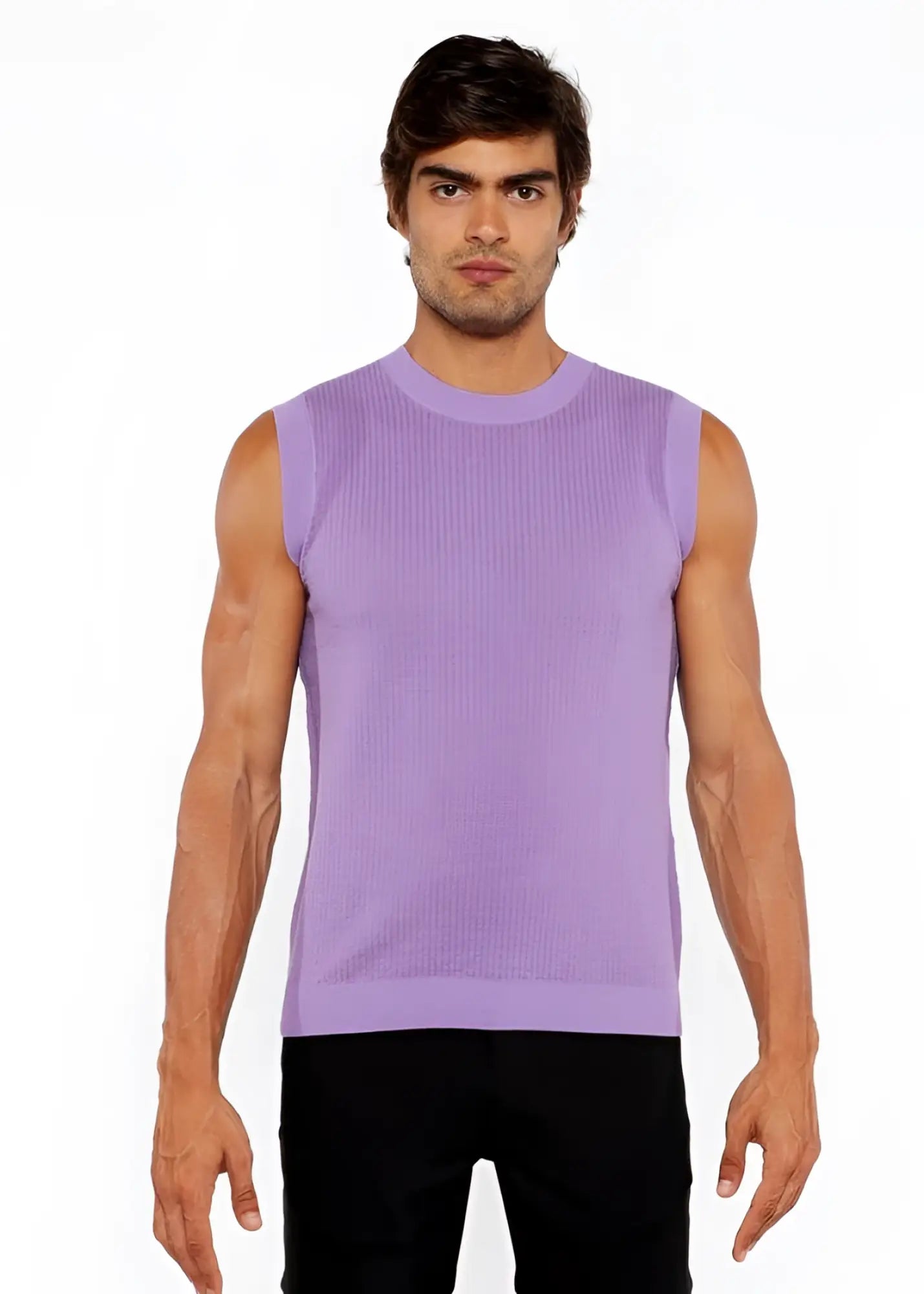 A lavender ribbed knit sleeveless top with a round neckline in a textured open knit vest style