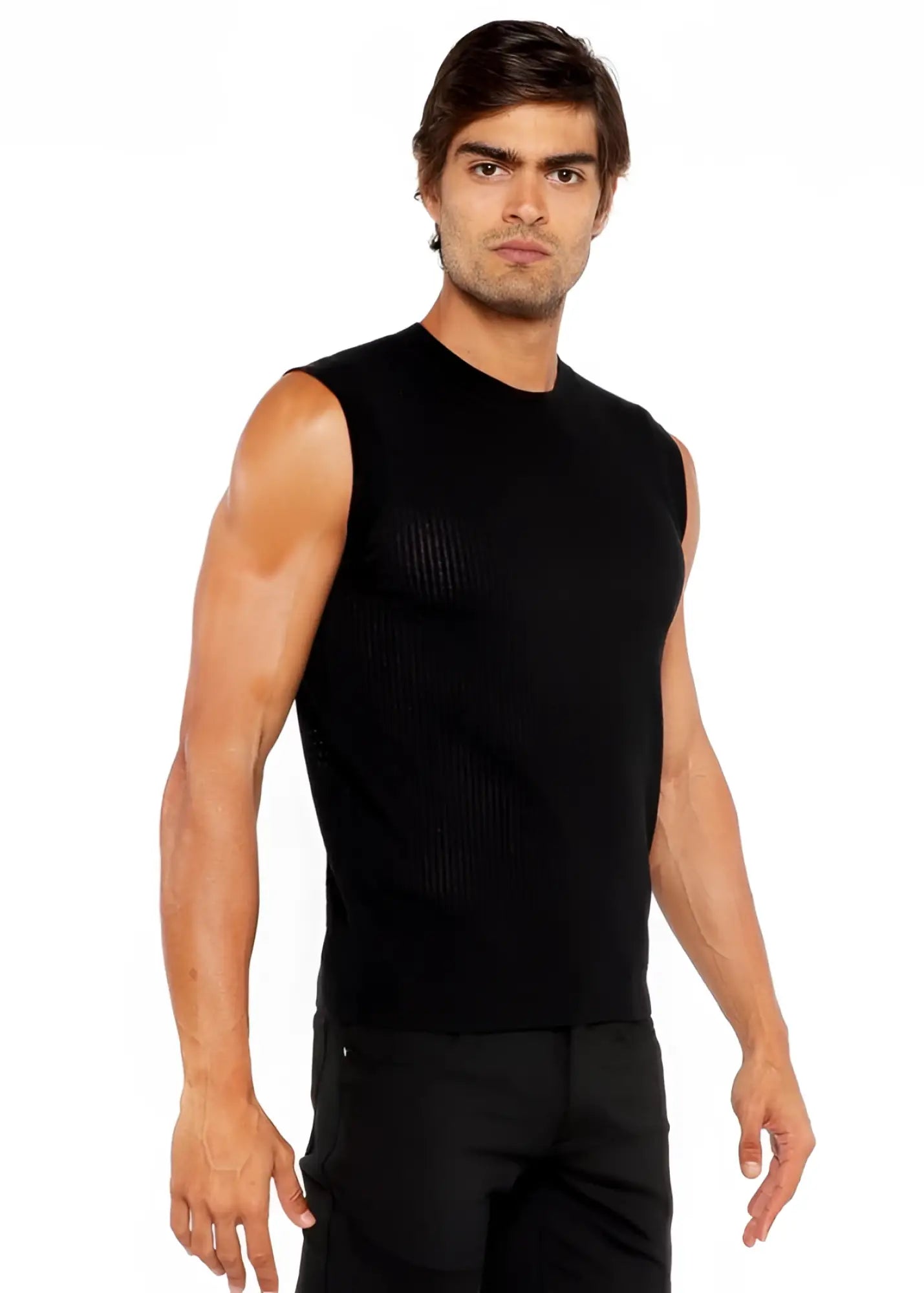 Black ribbed knit sleeveless top with textured open knit vest detail perfect for layering