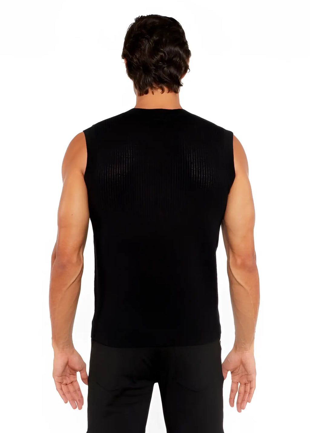 Black ribbed knit sleeveless top textured open knit vest showcasing lightweight breathable fabric for layering