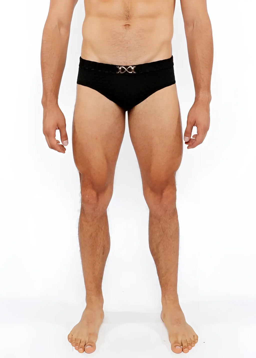 Black textured swim brief with a silver metallic front buckle featuring an interlocking double-x design