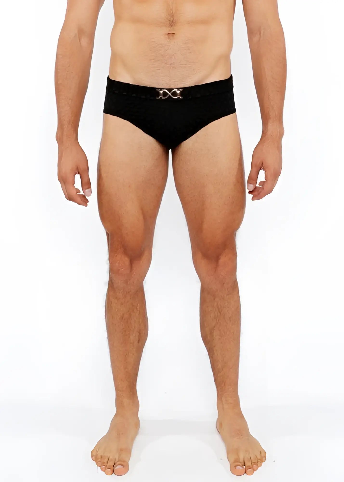 Black textured swim brief with a silver metallic front buckle featuring an interlocking double-x design