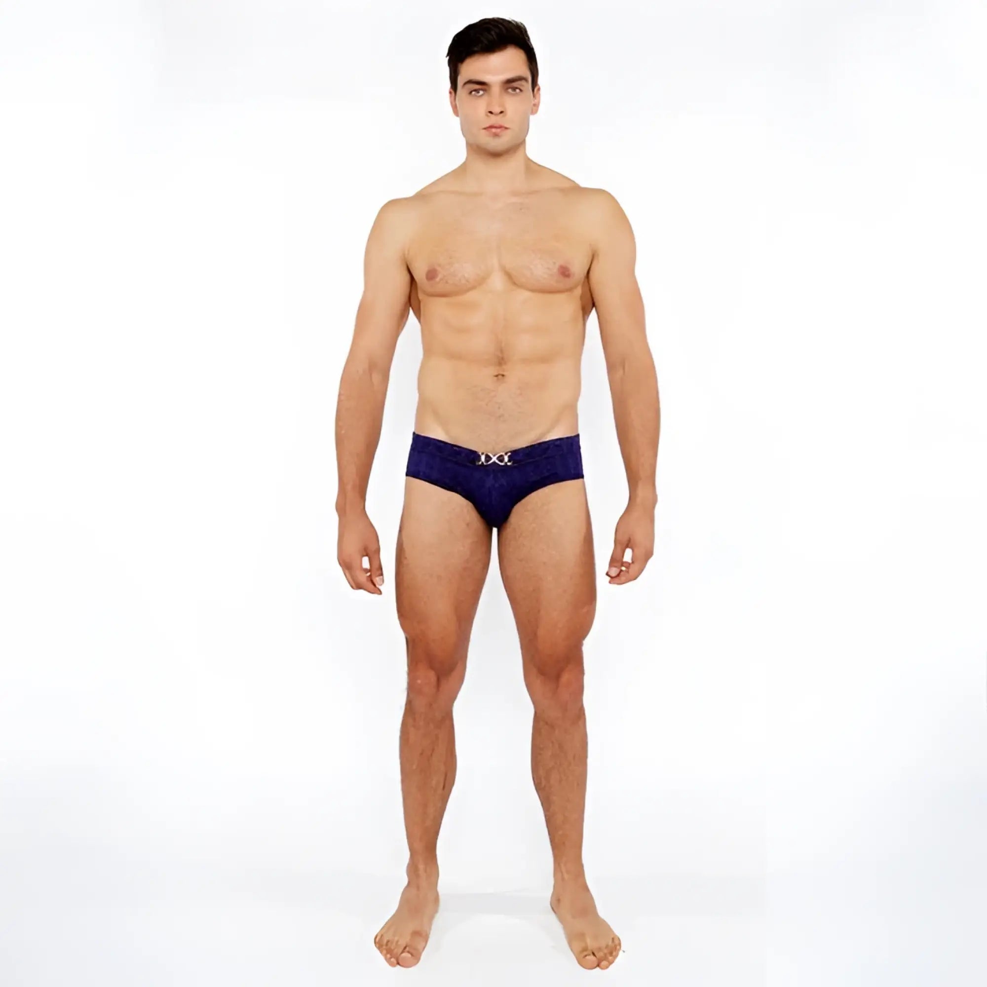 Navy blue textured swim brief with front buckle and metallic silver logo on the waistband for men