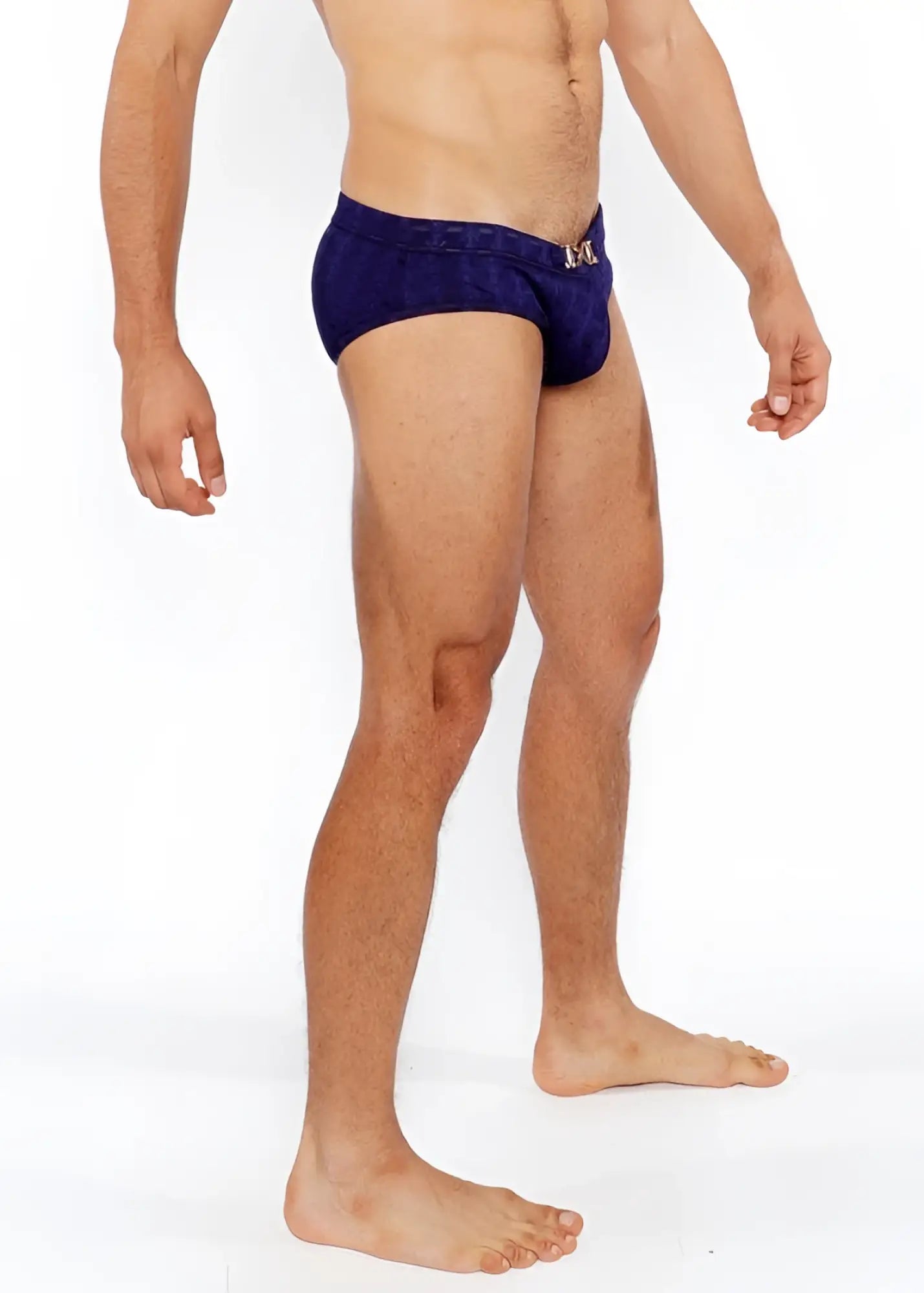 Navy blue textured swim brief with a front buckle and metallic logo at the waistband
