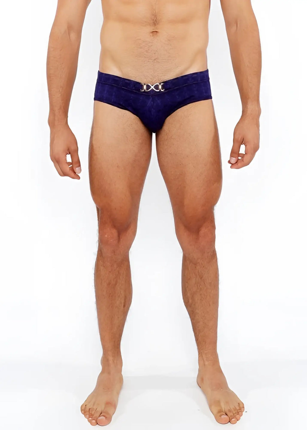 Deep blue velvet textured swim brief with a silver metallic x-shaped front buckle for stylish swimwear