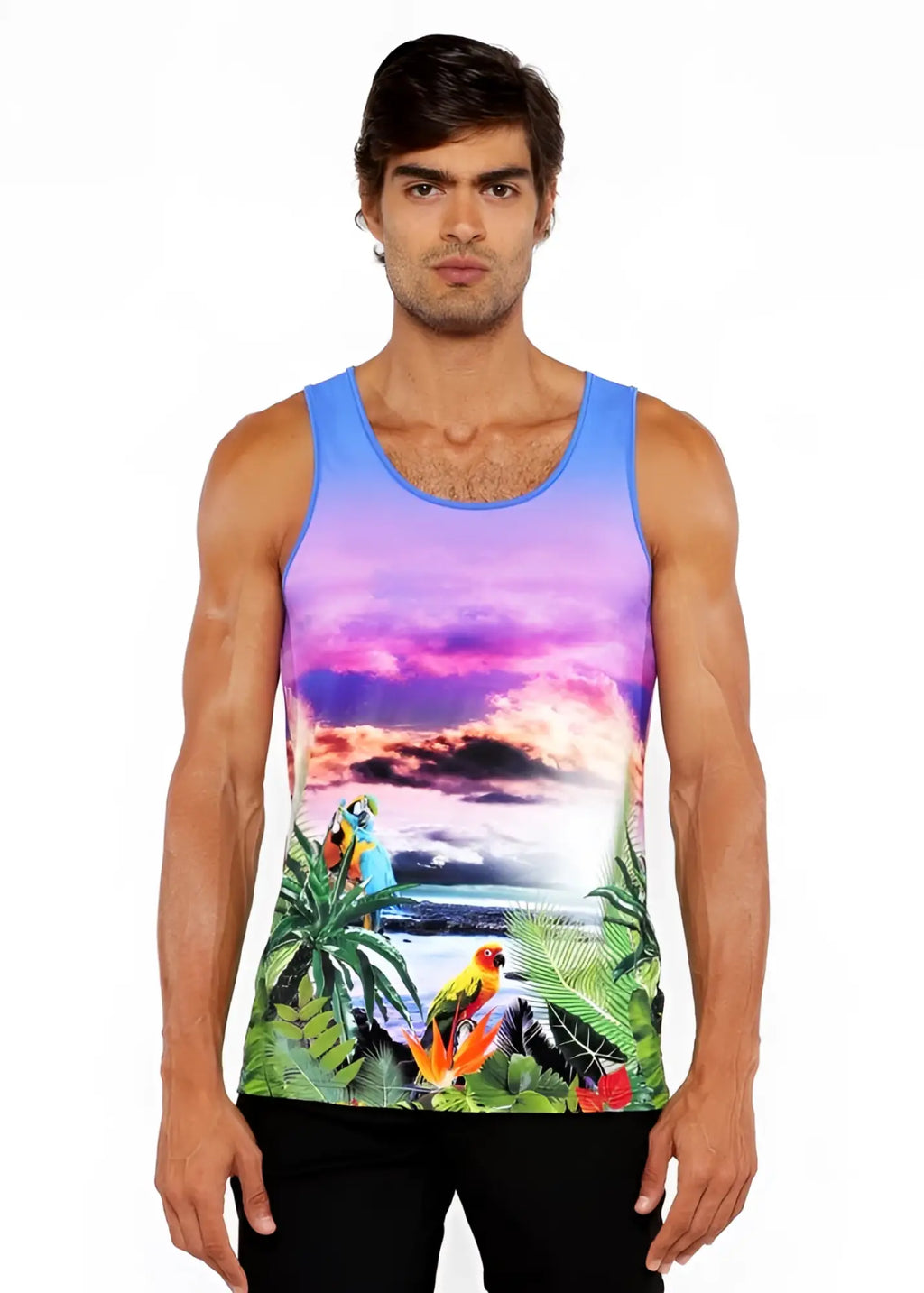 Tropics stretch mesh tank featuring vibrant colorful parrots lush green foliage and a purple blue gradient sky design
