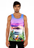 Tropics stretch mesh tank featuring vibrant colorful parrots lush green foliage and a purple blue gradient sky design