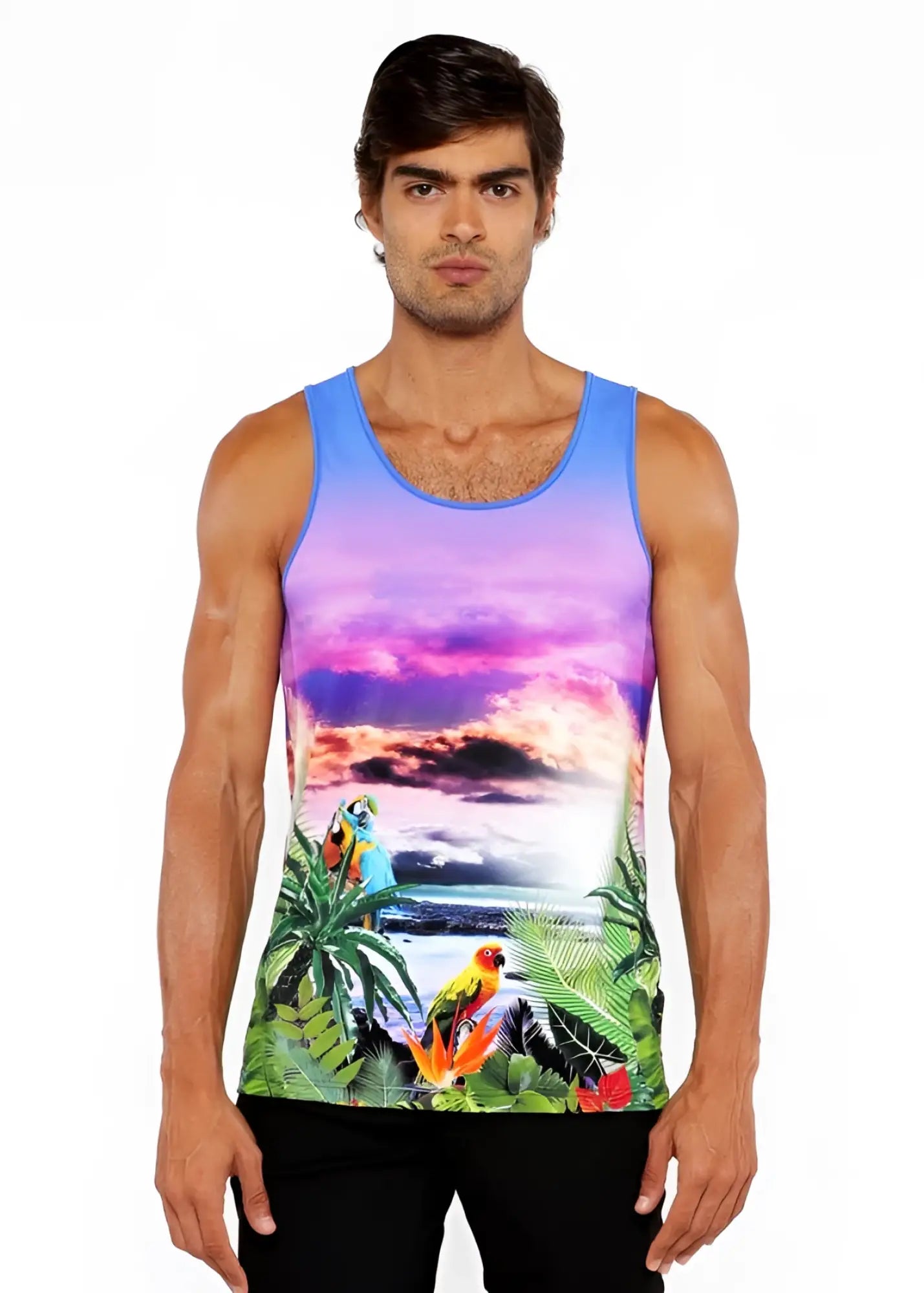 Tropics stretch mesh tank featuring vibrant colorful parrots lush green foliage and a purple blue gradient sky design