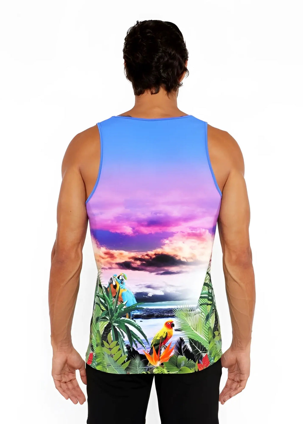 Tropics stretch mesh tank with vibrant tropical sunset colors featuring colorful parrots and lush foliage design