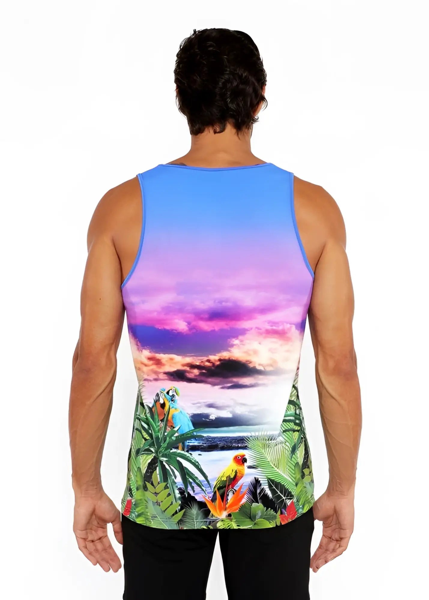 Tropics stretch mesh tank with vibrant tropical sunset colors featuring colorful parrots and lush foliage design
