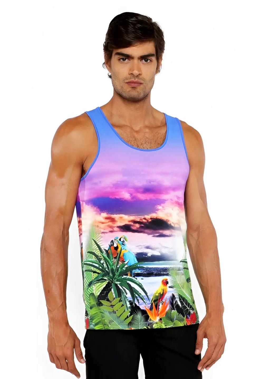 Tropics stretch mesh tank featuring a vibrant tropical sunset, palm trees, and colorful parrots in bright hues