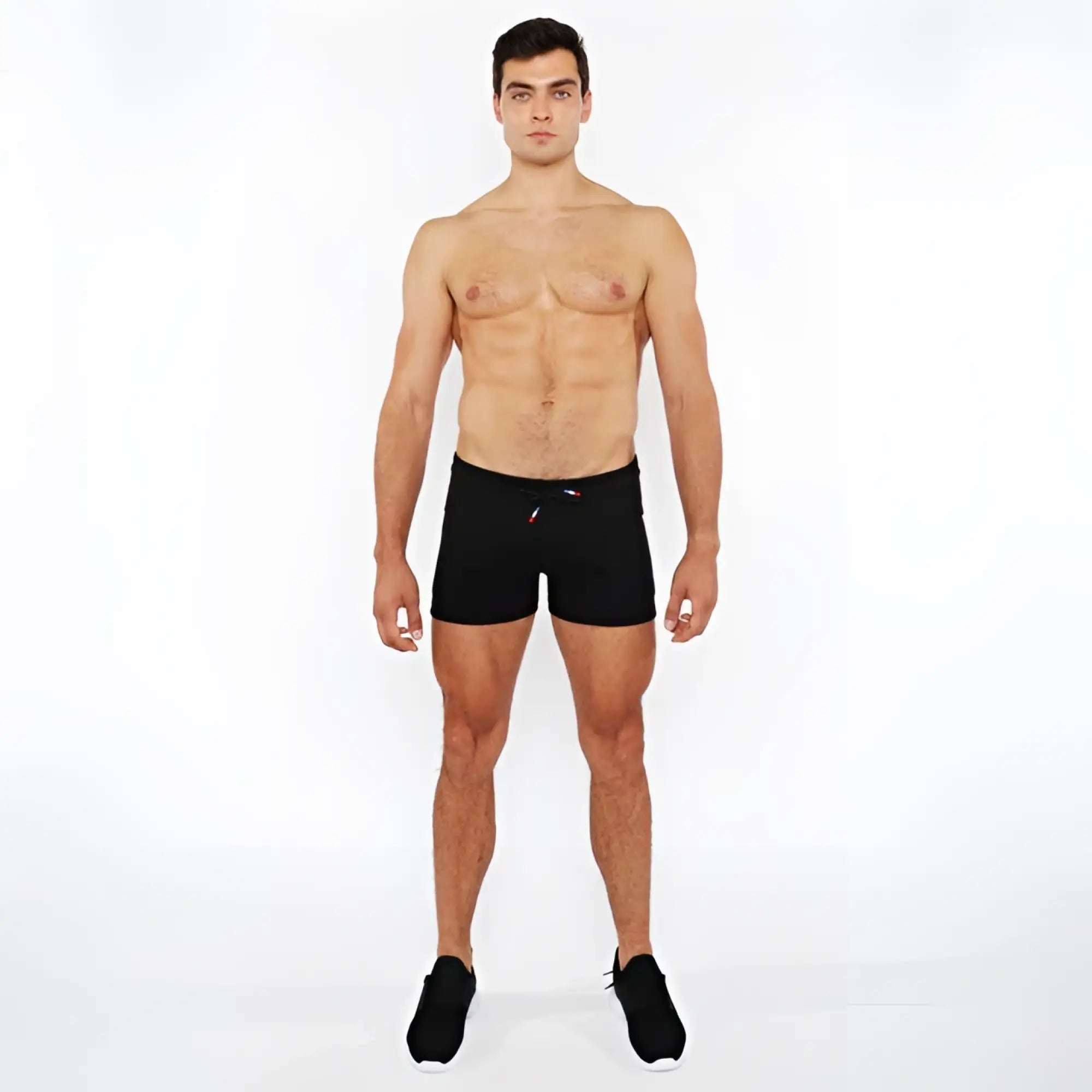Black vault gym-tech athletic shorts with three color heat weld zippers and a red and white logo on the waistband