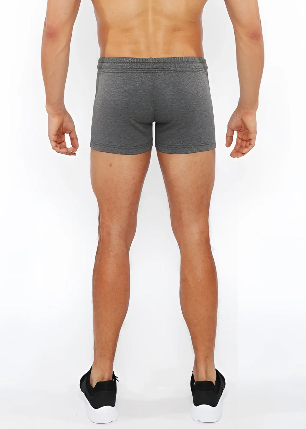 Gray heathered vault gym-tech athletic shorts with fitted waistband and 3 color heat weld zippers for performance use