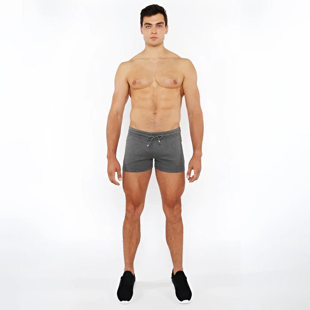 Vault gym tech gray heathered athletic shorts with drawstring waistband and red accent heat weld zippers
