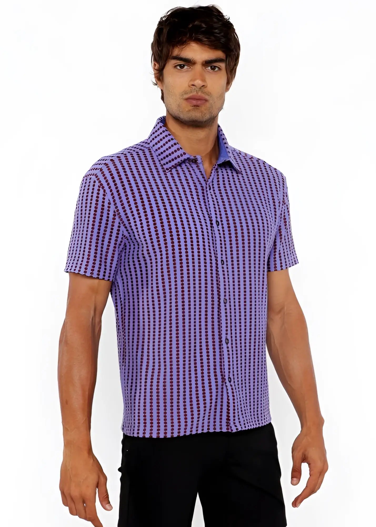 Purple and dark purple checkered short-sleeved button-up shirt with open stretch knit vertical stripe design