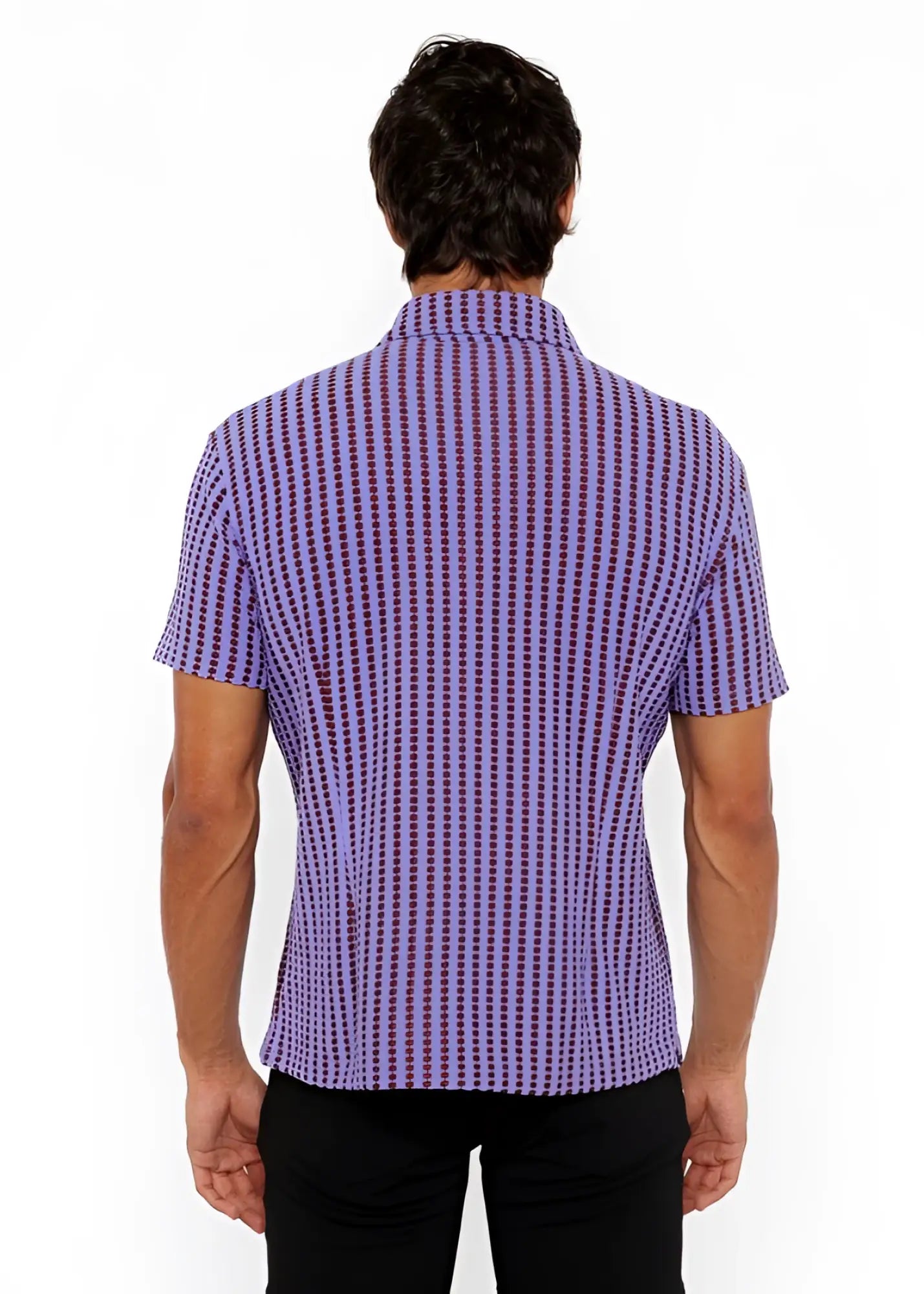 Vertical stripe open stretch knit shirt in purple and dark purple with short sleeves and textured weave button-up design