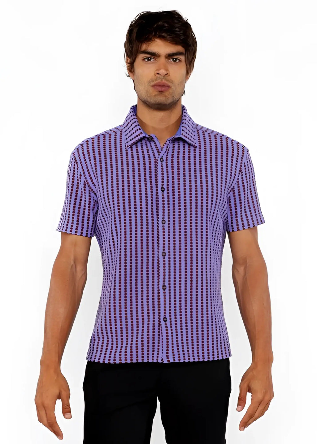Purple and dark purple vertical stripe open stretch knit short-sleeved button-up shirt for casual wear