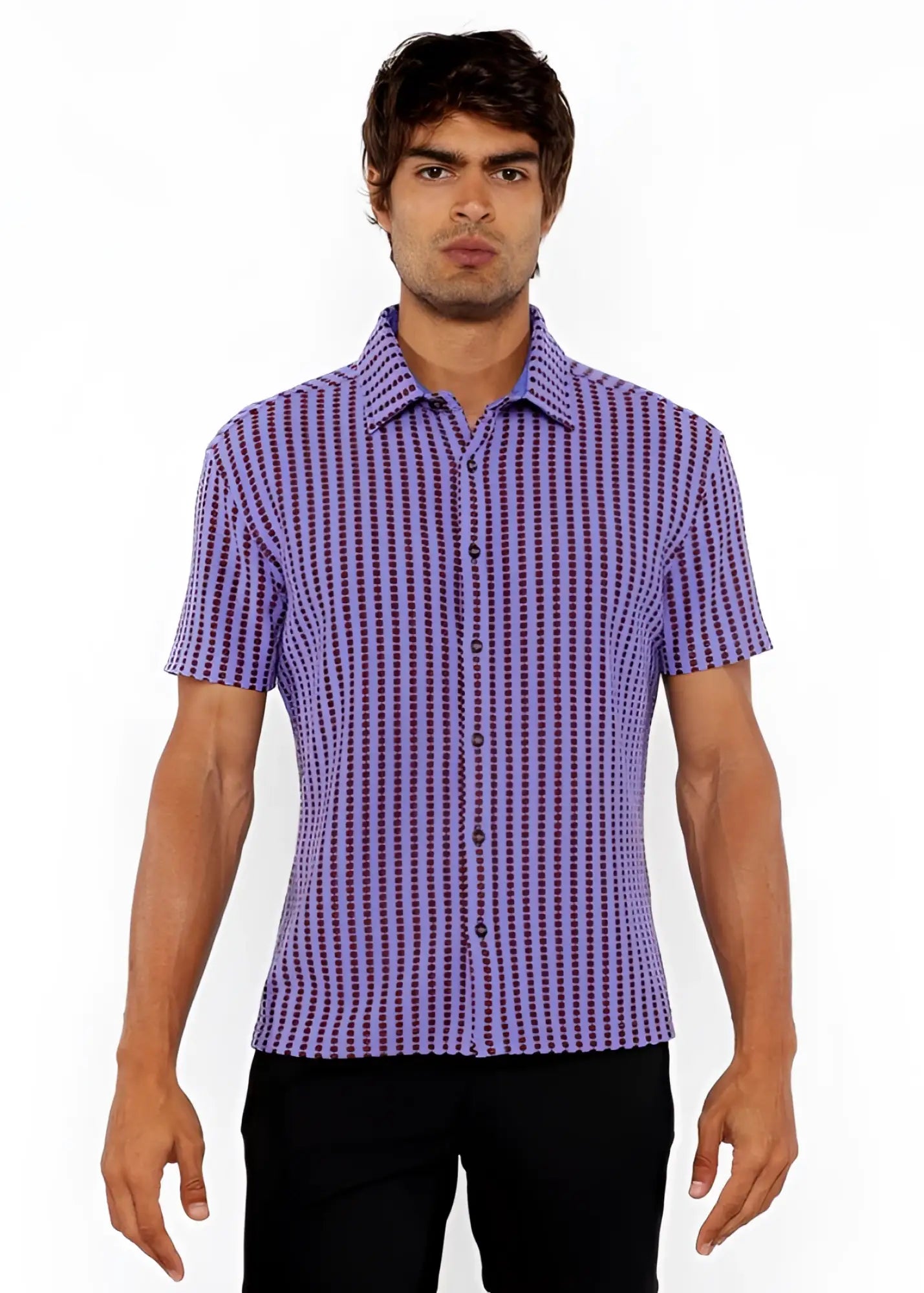 Purple and dark purple vertical stripe open stretch knit short-sleeved button-up shirt for casual wear