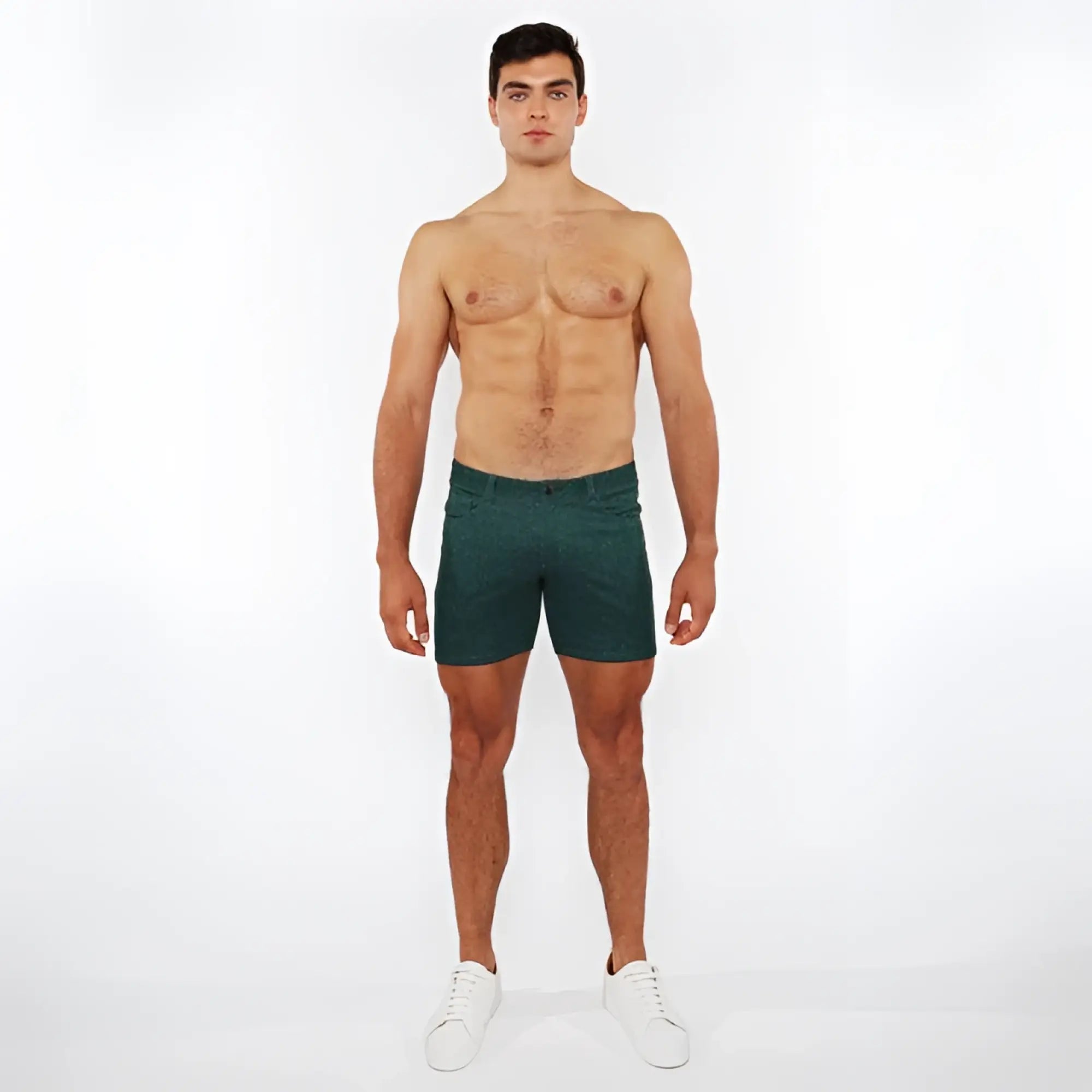 Dark green washed denim stretch knit slim-fit shorts with a classic five-pocket design for casual wear