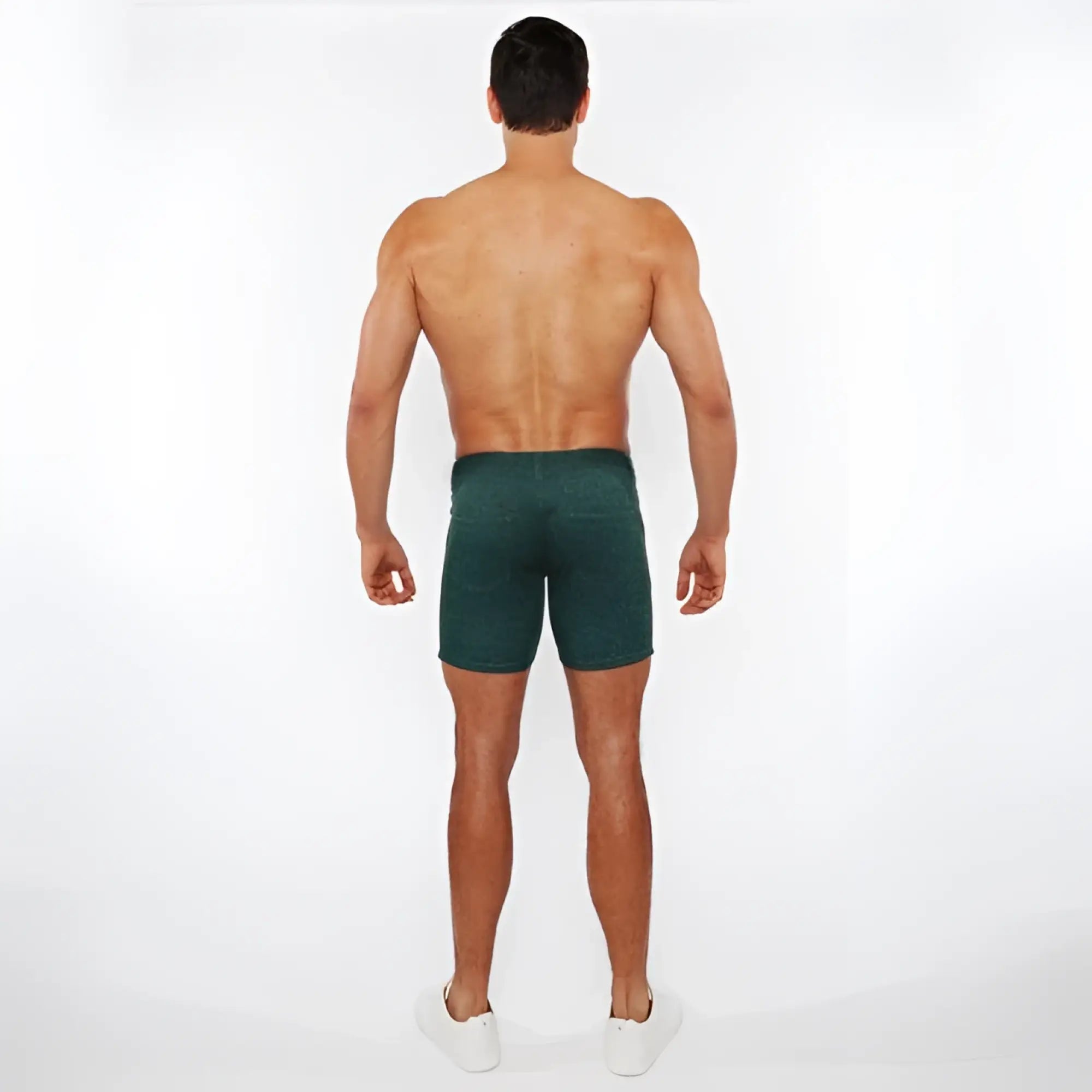 Dark green textured fitted shorts made of washed denim stretch knit fabric for comfortable casual wear