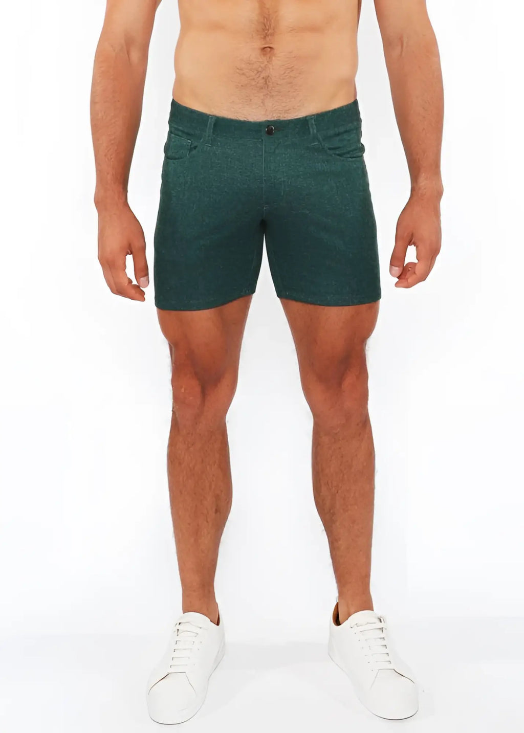 Dark green washed denim stretch knit shorts with textured fabric and classic five-pocket design