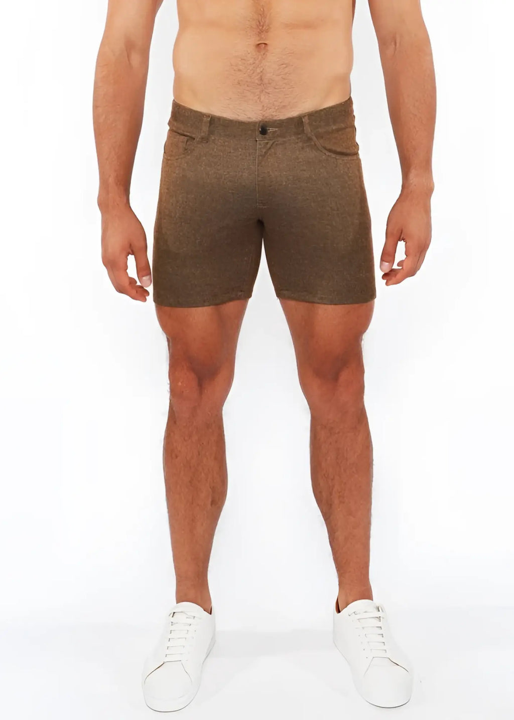 Brown washed denim stretch knit shorts with textured heathered pattern and classic five-pocket design