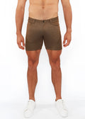 Brown washed denim stretch knit shorts with textured heathered pattern and classic five-pocket design