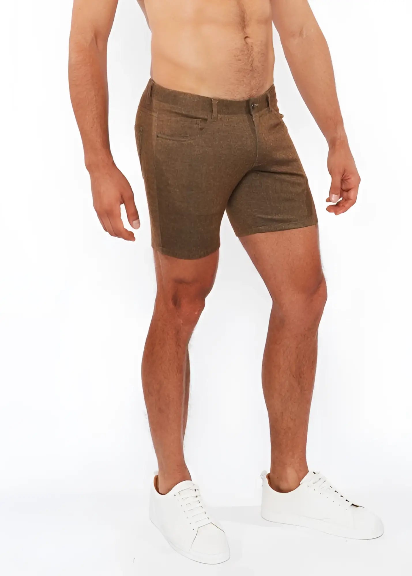 Brown washed denim stretch knit shorts with subtle textured pattern and classic design for casual wear