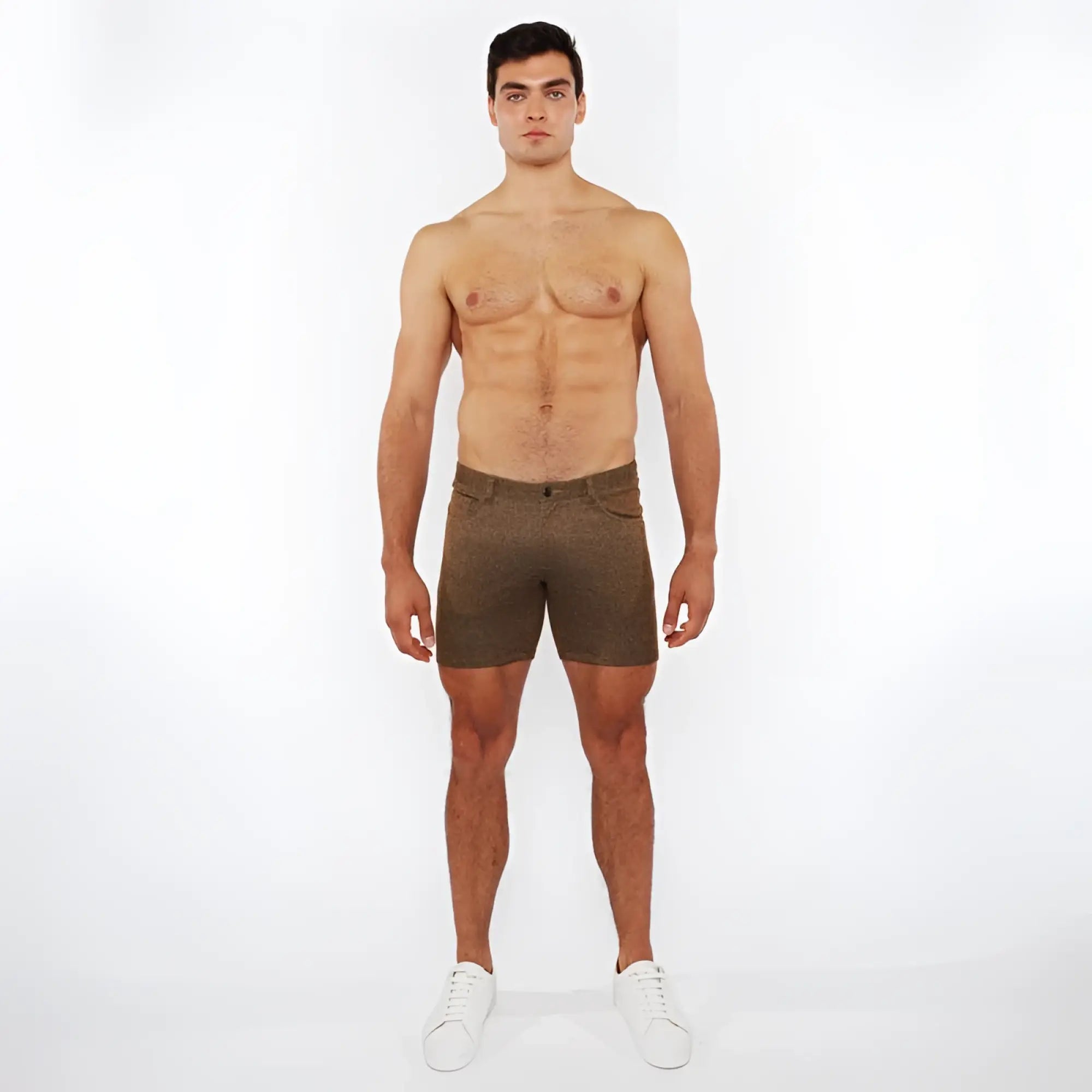Olive green washed denim stretch knit shorts showing textured fabric and casual style