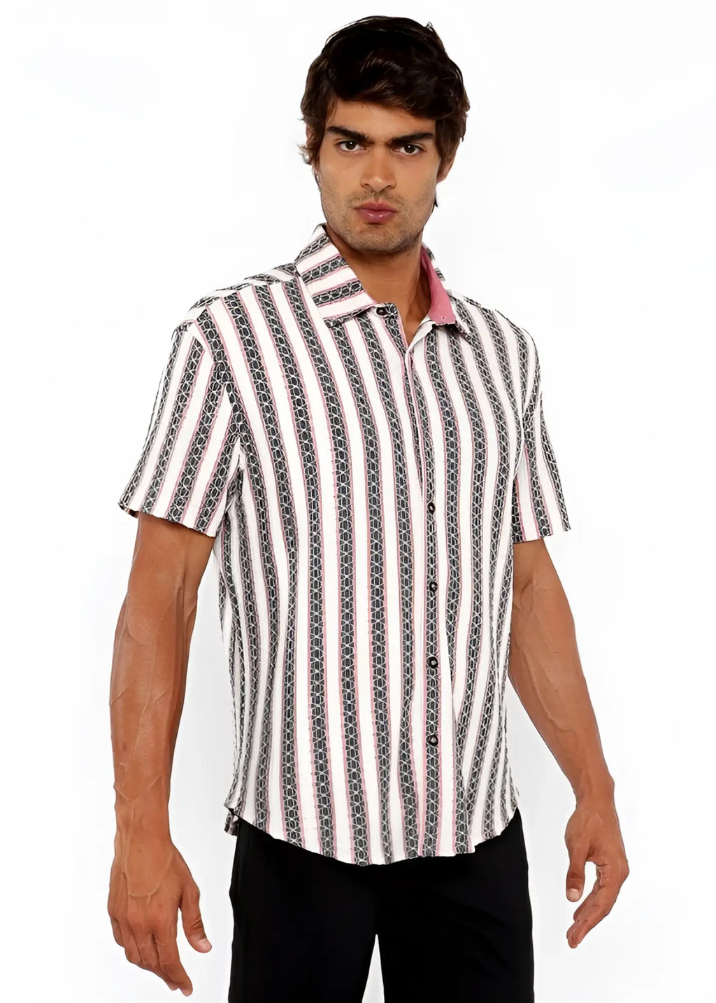 A man wearing a zigzag stripe open stretch knit short-sleeved shirt with white gray and black geometric patterns
