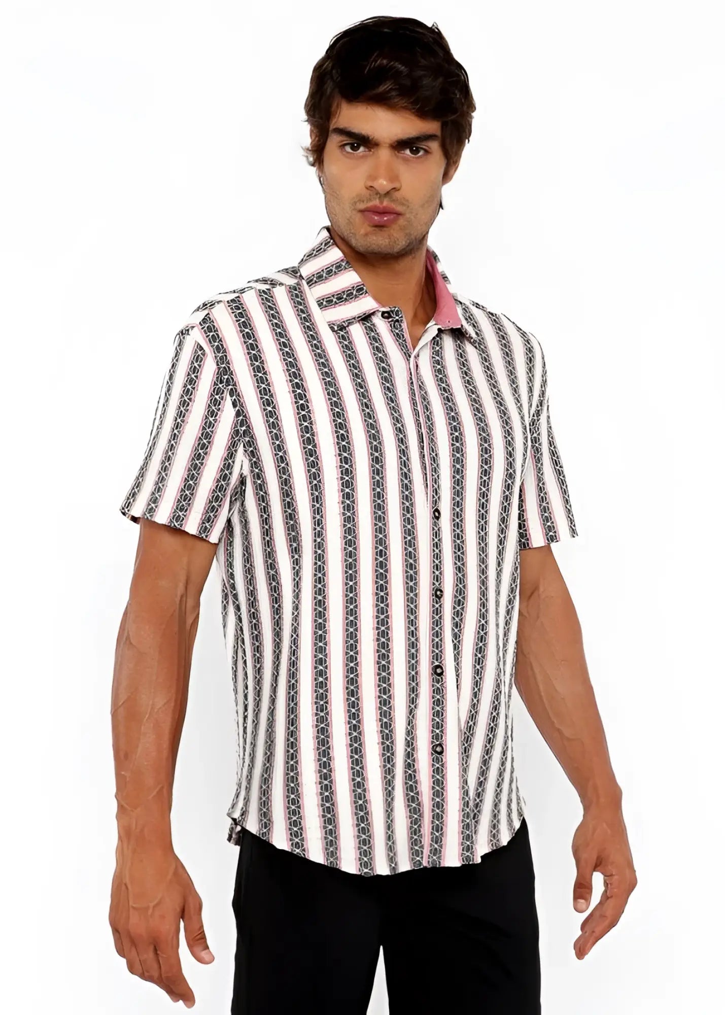 A man wearing a zigzag stripe open stretch knit short-sleeved shirt with white gray and black geometric patterns