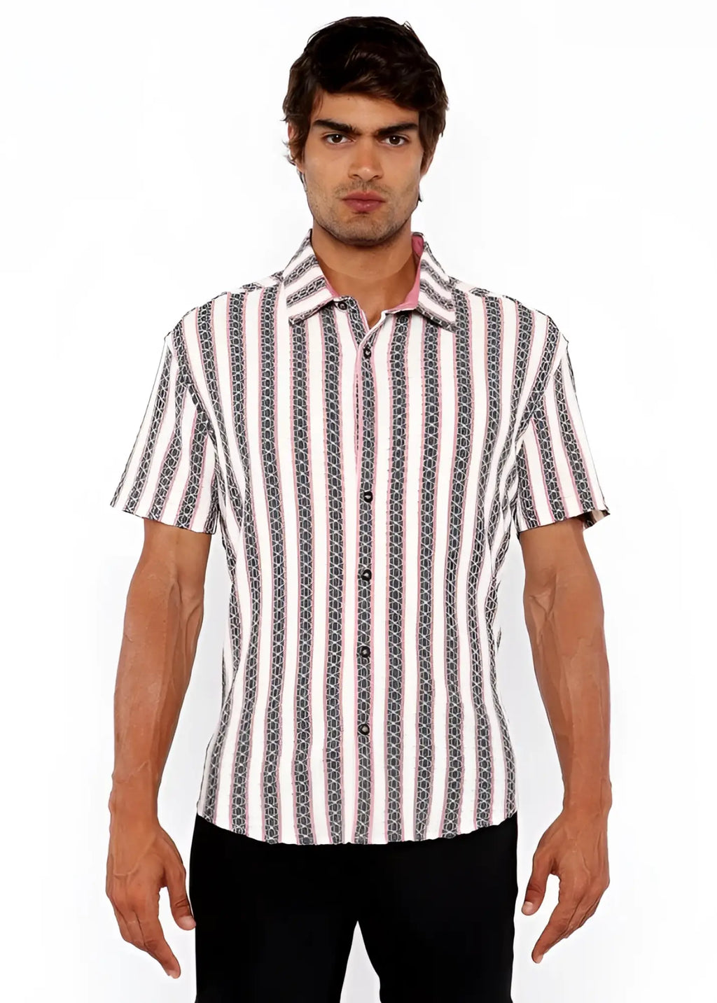 A man wearing a zigzag stripe open stretch knit shirt with white black and gray chain-like vertical stripes