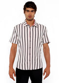 A man wearing a zigzag stripe open stretch knit shirt with white black and gray chain-like vertical stripes