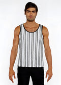 Black and white zigzag stripes open knit tank top with rounded neckline in a lightweight knit fabric