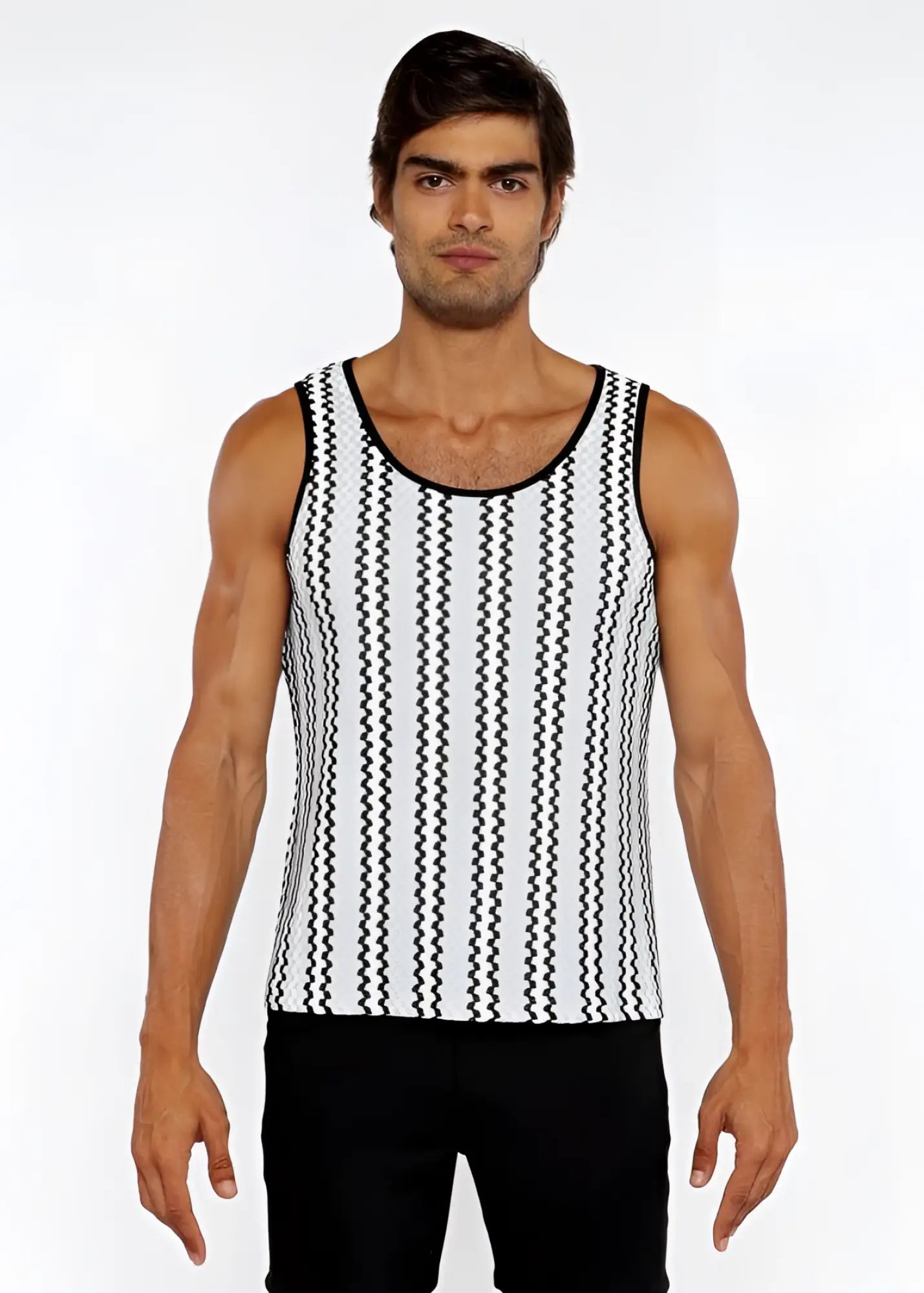 Black and white zigzag stripes open knit tank top with rounded neckline in a lightweight knit fabric