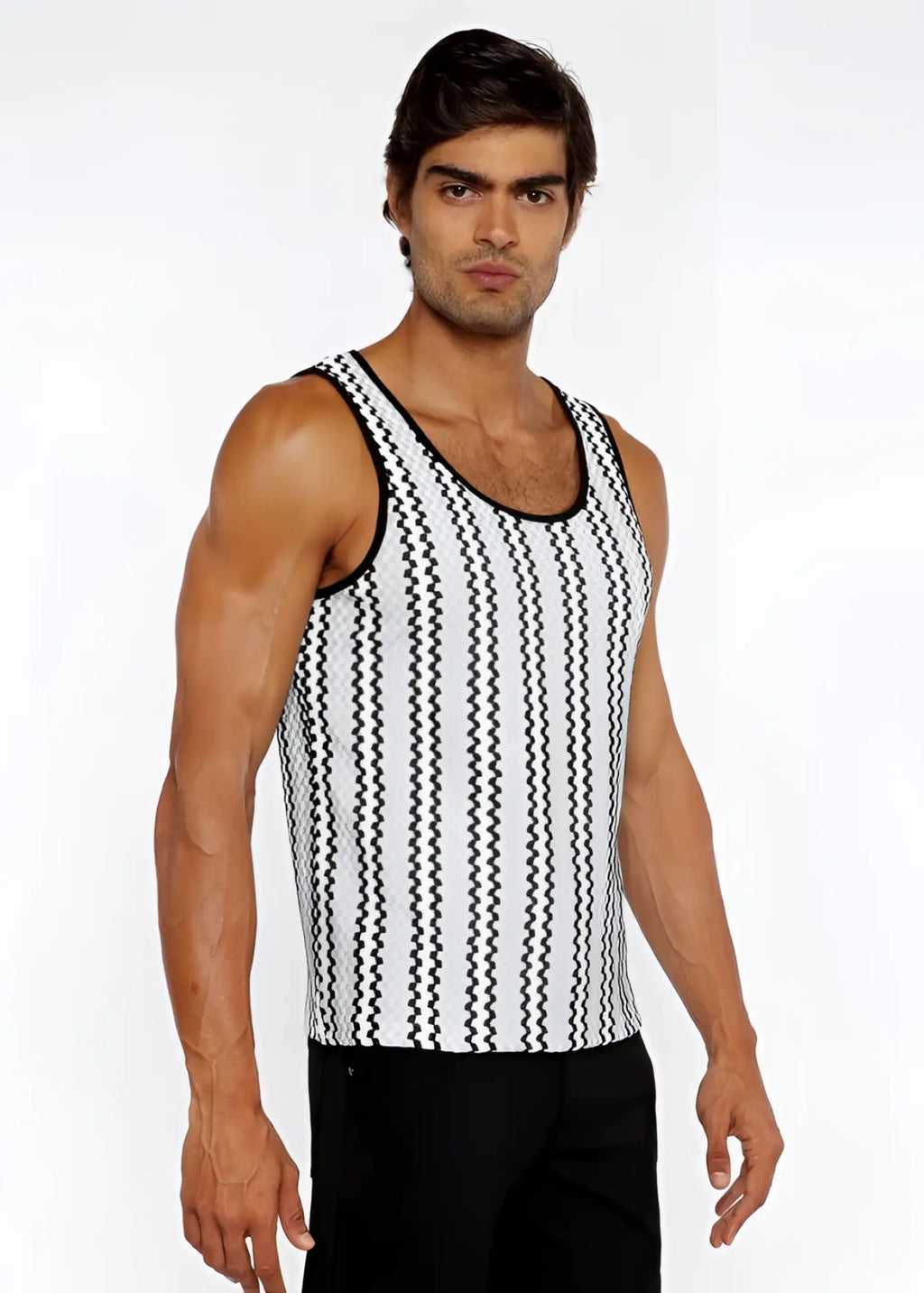 Black and white zigzag stripes open knit sleeveless tank top with rounded neckline and breathable fabric