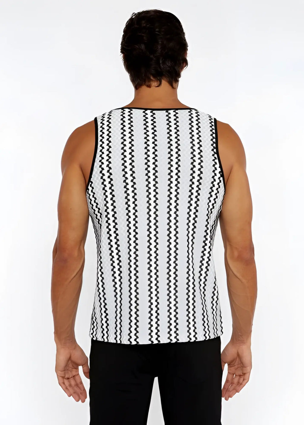 Black and white vertically striped knit tank top with zigzag textured wave pattern in lightweight fabric