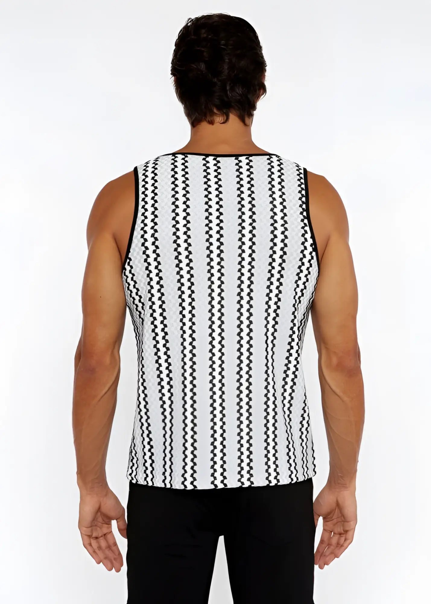 Black and white vertically striped knit tank top with zigzag textured wave pattern in lightweight fabric