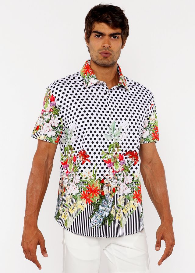 Punktiertes abstraktes Kurzarmhemd mit gewebtem Modalbordüre