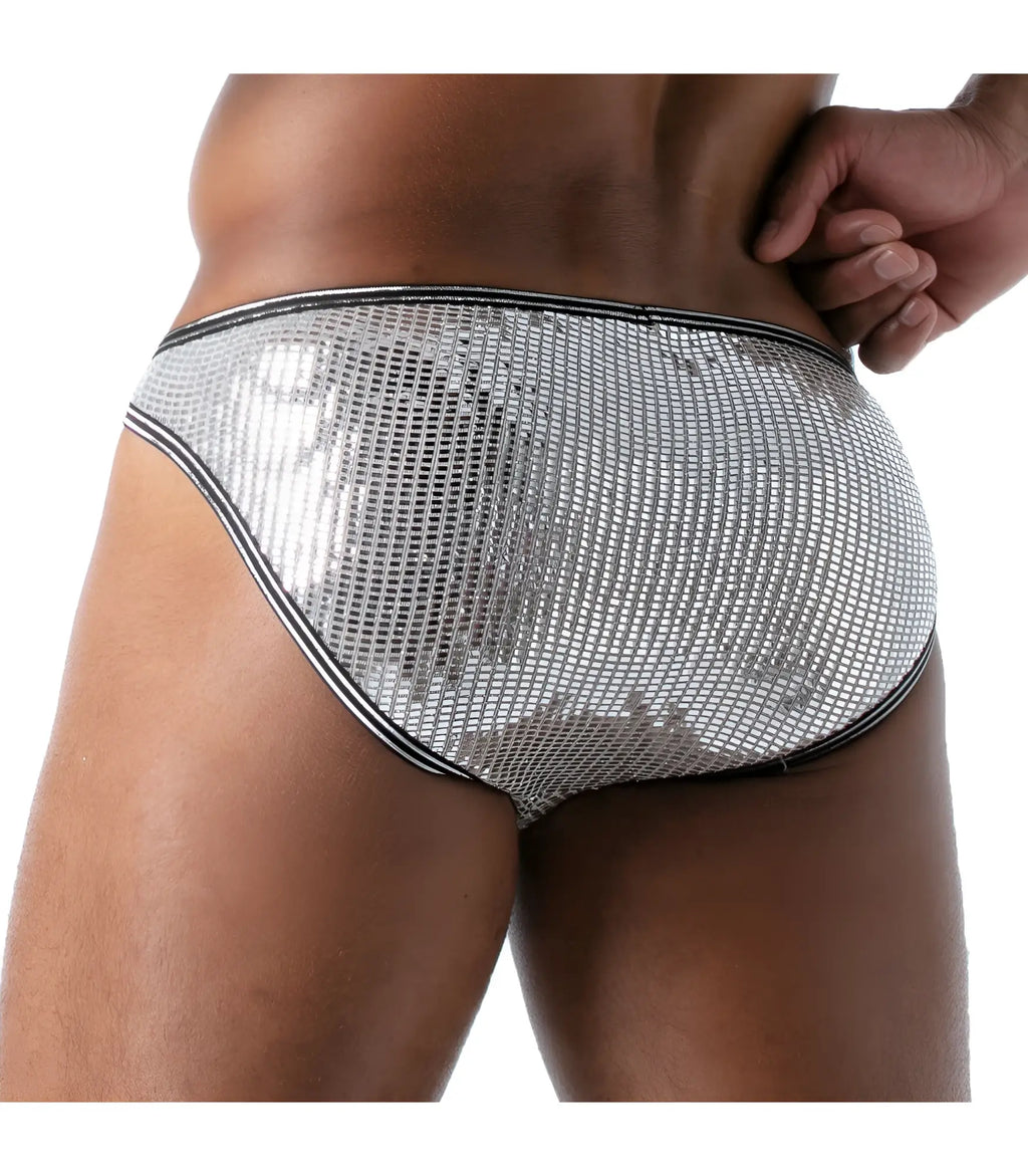 Silver mesh star bikini brief with black trim featuring breathable lightweight fabric for comfortable wear