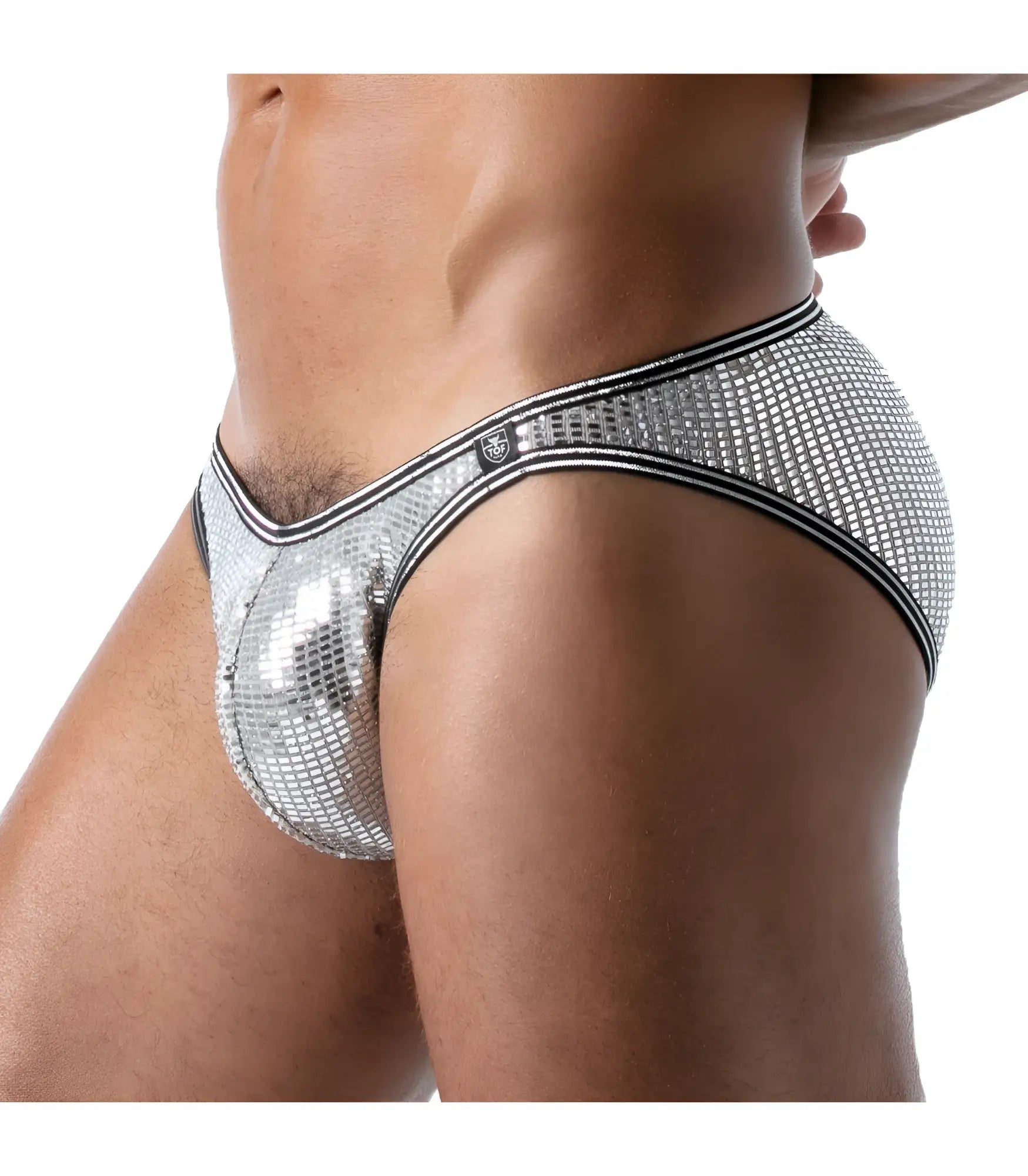 Silver sequined star bikini brief with black trim featuring shiny material and sleek design