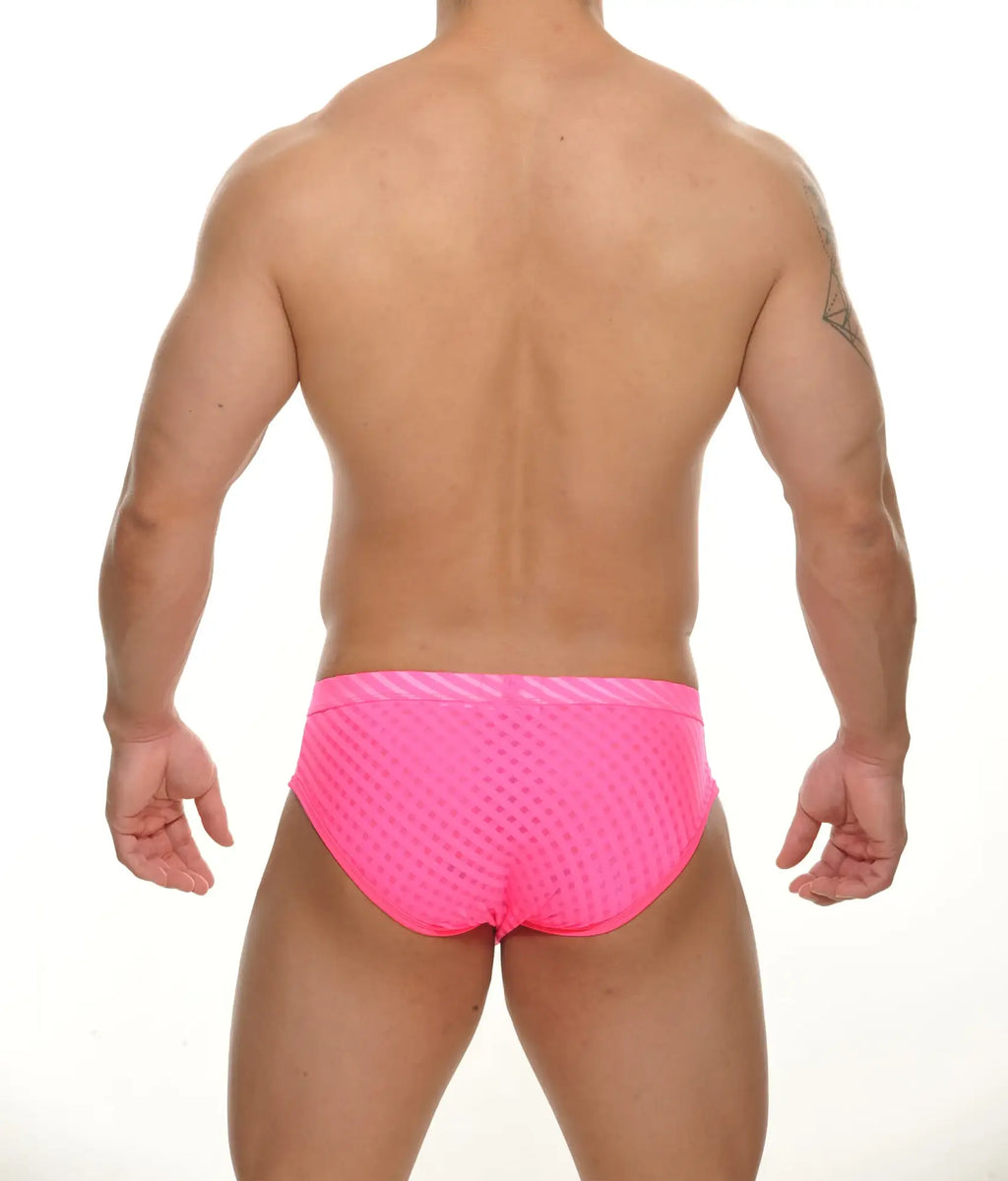 Starkey Brief bright pink mesh swim trunks with striped waistband for comfortable and stylish swimwear
