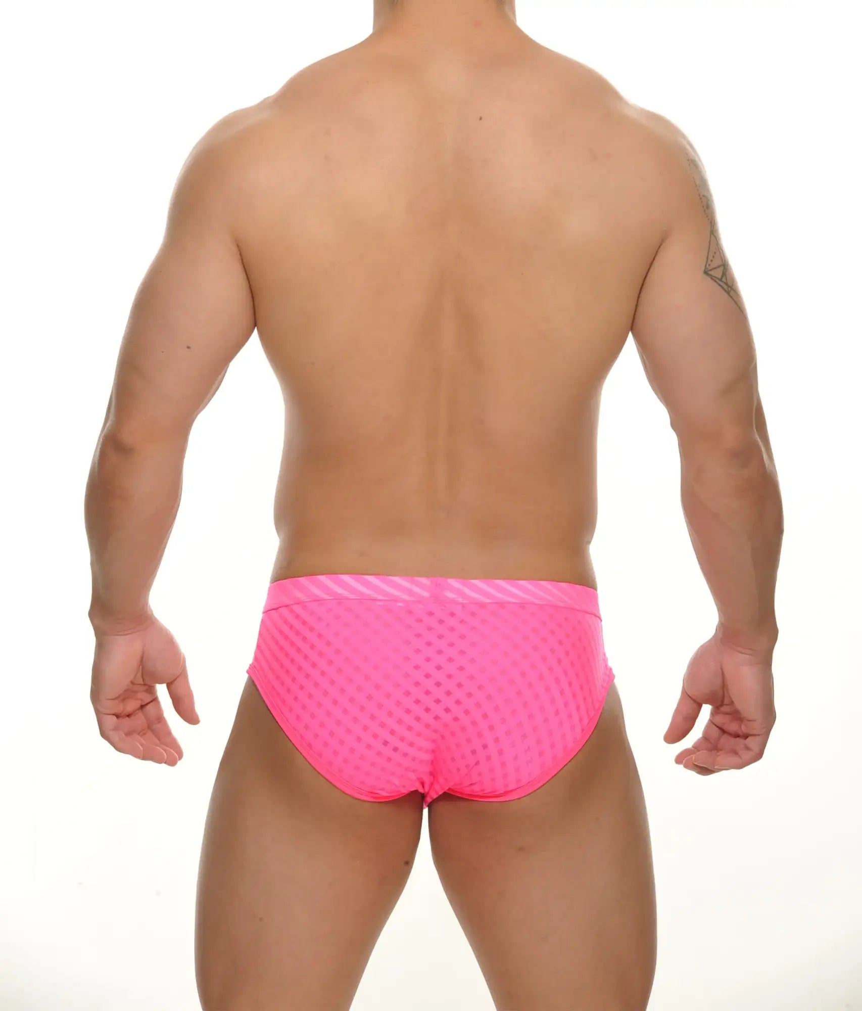Starkey Brief bright pink mesh swim trunks with striped waistband for comfortable and stylish swimwear