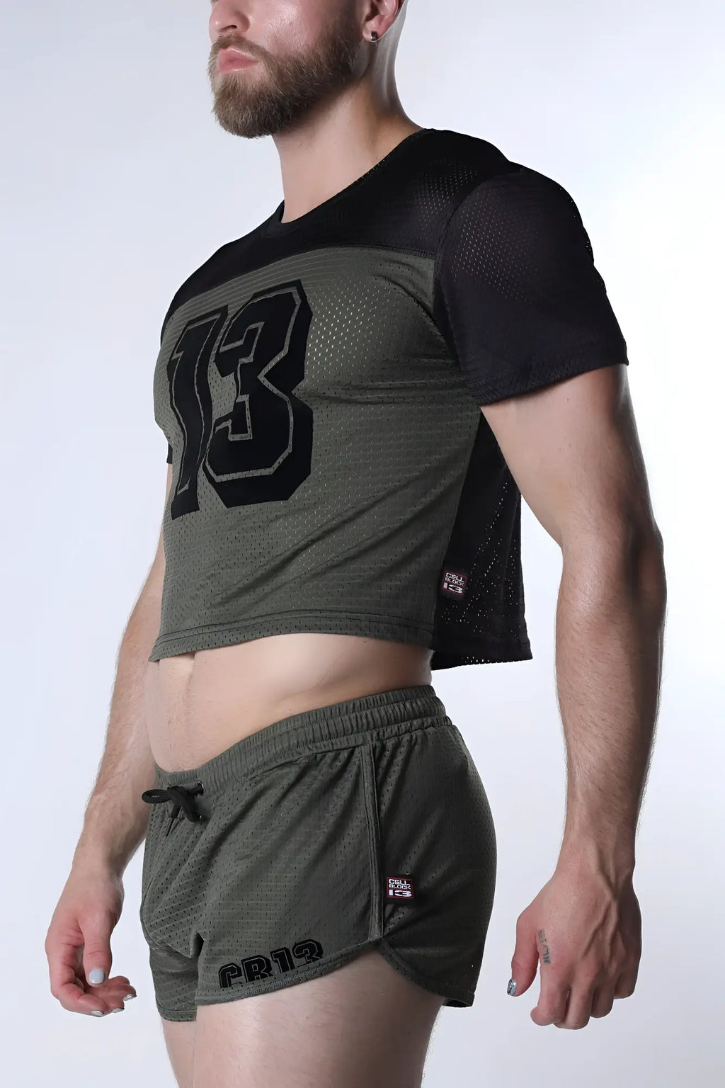 Starter mesh crop top in olive green mesh with black number 13 and side panels paired with matching shorts