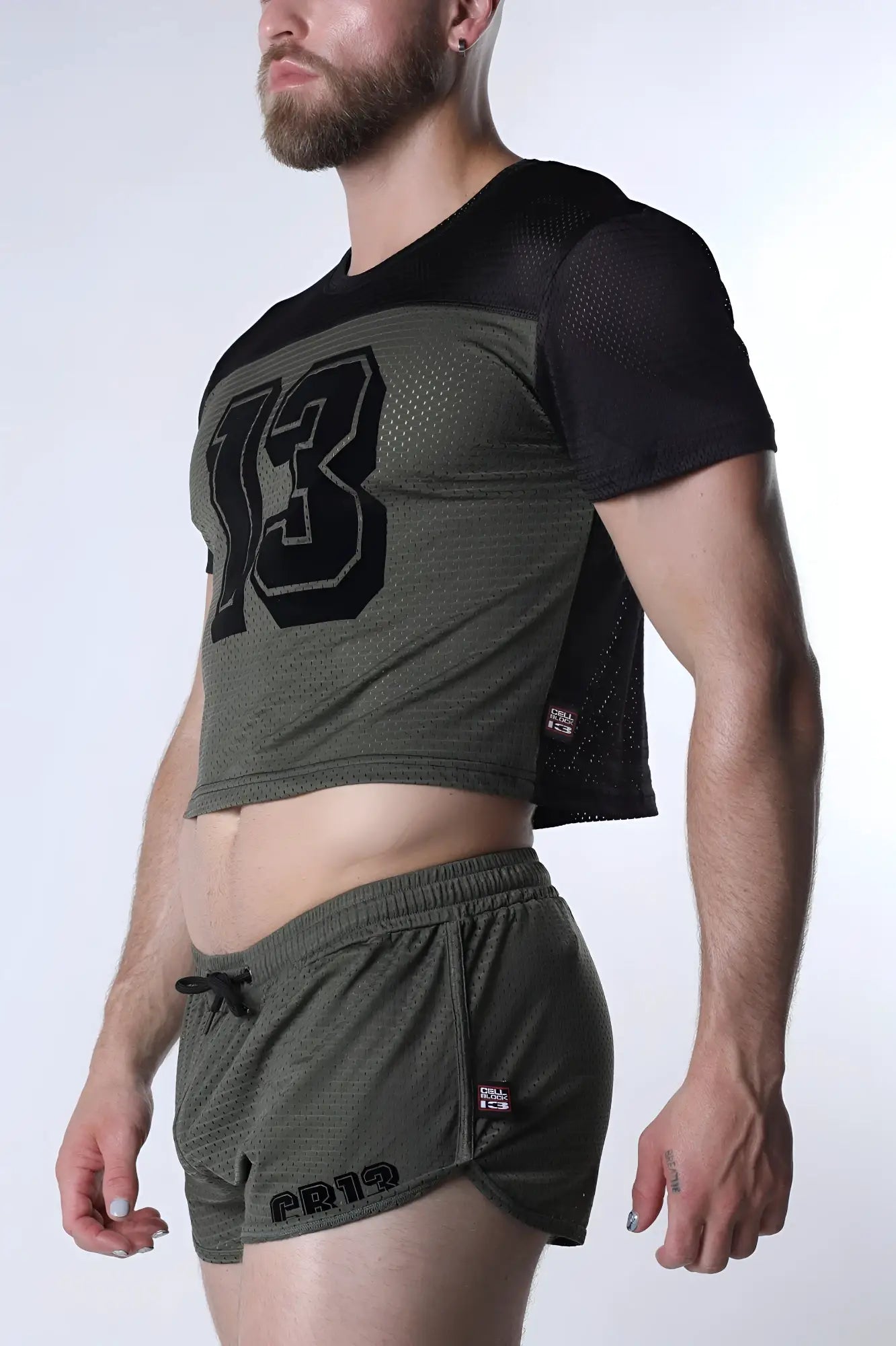 Starter mesh crop top in olive green mesh with black number 13 and side panels paired with matching shorts