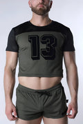 Starter mesh crop top in olive green mesh with black short sleeves and bold 13 graphic across the chest