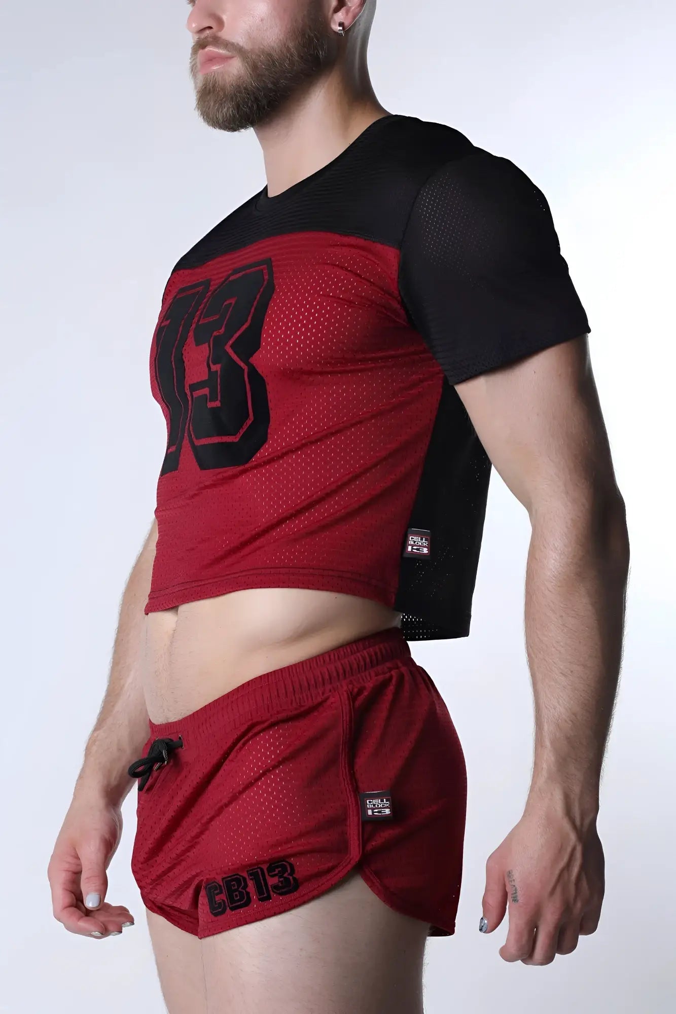 Starter mesh crop top and matching shorts in red mesh with black number 13 for athletic wear