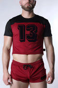 Red and black Starter mesh crop top with bold 13 graphic in breathable mesh fabric for athletic use