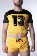 Starter mesh crop top in yellow mesh with black sleeves and bold black 13 outlined in yellow on front